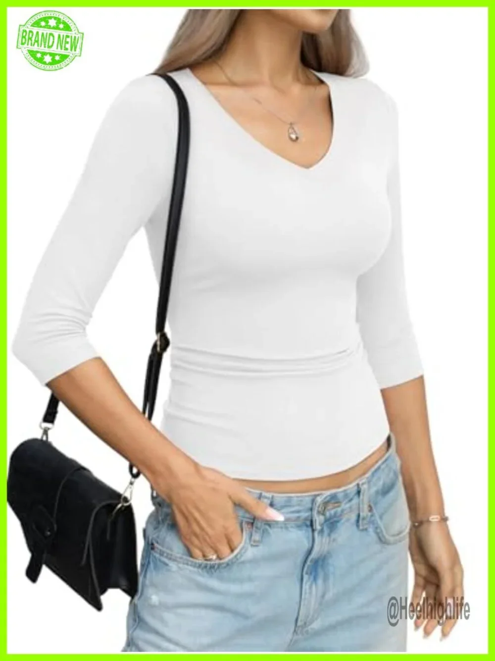 Womens Cotton 3/4 Sleeve V Neck Fitted Basic T-Shirt Stretch Jersey